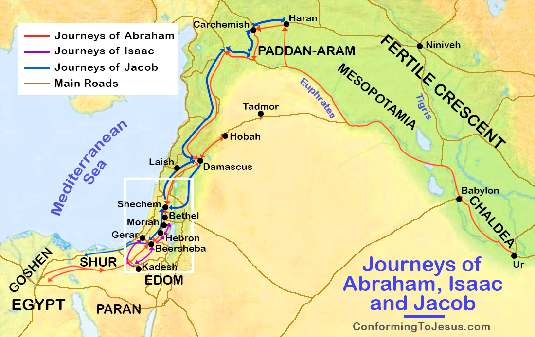 Map of the travels of Abraham, Isaac, and Jacob
