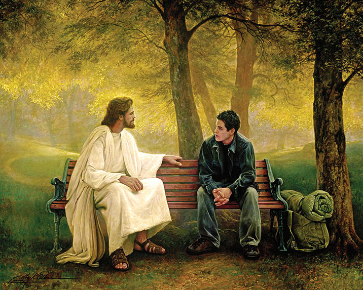 Jesus visiting with a young man on a park bench.