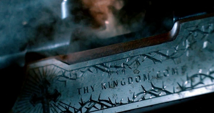 Sniper Rifle engraved with a portion of the Lord's Prayer and the Crown of Thorns from "American Gods."