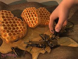 A hand holding a piece of honeycomb with insects

Description automatically generated